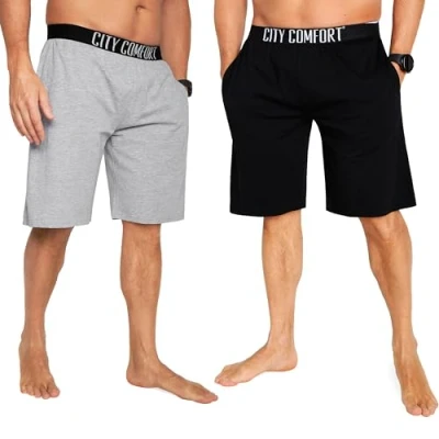 Afbeelding van Pyjamabroek voor heren, kort, pyjashort van katoen, elastische taille met zakken, homewear 2 stuks, Zwart/Grijs