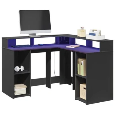 Afbeelding van vidaXL Bureau met LED verlichting 130x130x91 cm bewerkt hout zwart