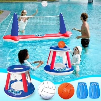 Afbeelding van JOYIN Opblaasbare zwembadvlotterset, volleybalnet, basketbalmanden en ballen voor kinderen volwassenen, waterbalspel, zwembadspeelgoed, volleybal, basketbal, speelgoed