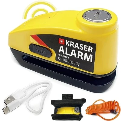 Afbeelding van KRASER KR7Y Motorfietsslot voor motorfiets, oplaadbaar, USB type C kabel, praktische vergrendeling, 110 dB geluidswaarschuwing, waterdicht, herinneringskabel, tas, ø7 mm