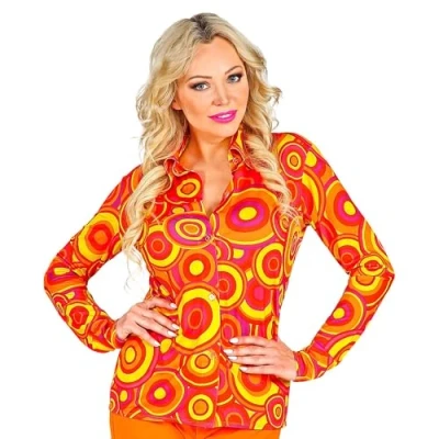 Afbeelding van Widmann Hippie Kostuum Knaloranje Jaren 70 Koningin Van De Dansvloer Shirt Vrouw Geel, Oranje Small / Medium Carnavalskleding Verkleedkleding