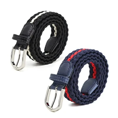 Afbeelding van AnJuHoPa Elastische riem voor kinderen, jongens en meisjes, van kleurrijke stof, breedte 2,5 cm, lengte 80 met metalen gesp, (marineblauw/rood) (zwart/wit)