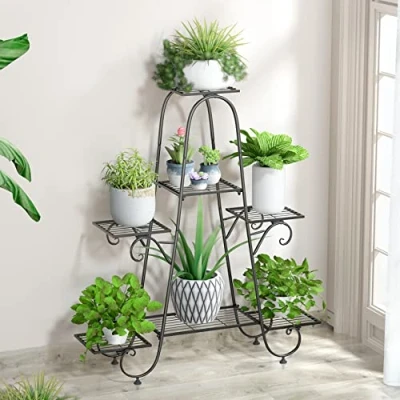 Afbeelding van unho Metalen bloempotstandaard voor binnen en buiten, tuinrek, plantenstandaard met etages, zwart, 86,4 x 24,5 99,5 cm