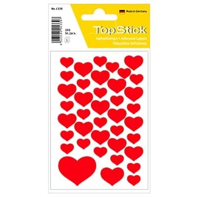 Afbeelding van TopStick 1339 stickers met hartmotieven (2000 stickers, papier, mat) zelfklevend, decoratieve etiketten voor bruiloft, cadeau, verjaardag, Valentijnsdag, liefde, scrapbooking, rood