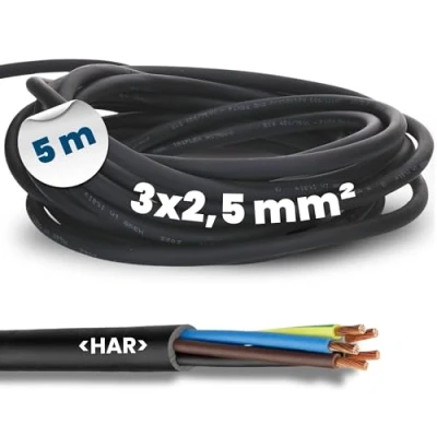 Afbeelding van Kalitec H07RN F Rubberen kabel, 5 m, 3 x 2,5 mm², met beschermgeleider voor buiten, zwart, flexibele bouwplaatskabel, uv en oliebestendig, aansluitkabel