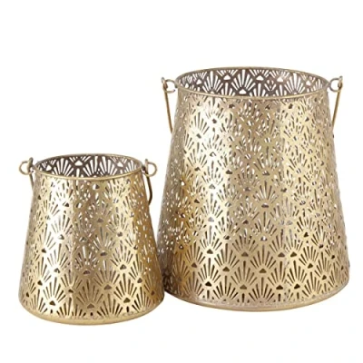 Afbeelding van Set van 2x stuks windlichten antiek goud metaal 14.5 en 21 cm hoogte Vulling met theelichtjes of stompkaarsen
