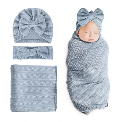 Afbeelding van DRESHOW Ontvangstdeken voor pasgeborenen, warm, meisjes, met bijpassende muts en hoofdband, kaart geboorte, 1 set: Birth Announcement Card + hoed haarband deken (wit)