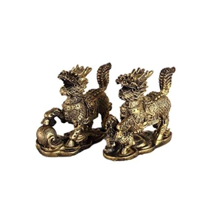 Afbeelding van Lachineuse QiLin paar beeldjes Feng Shui Chi Lin Symbool ter bescherming van negatieve energie Voor kantoor, thuis Chinese Aziatische decoratie Qi 14 x 11 5 cm Goud