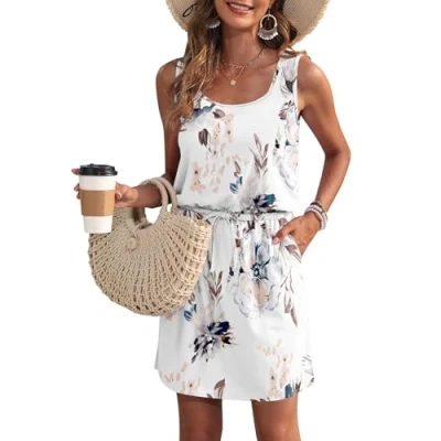 Afbeelding van WNEEDU Zomerjurk voor dames, mouwloos, U hals, trekkoord, luchtige jurk met zakken, Wit Bloemetje, M