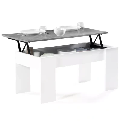 Image de Table basse plateau relevable TARA bois blanc et effet béton