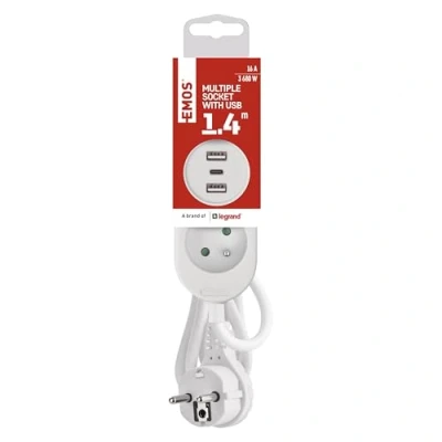Afbeelding van EMOS Stekkerdoos met 3 USB poorten, kabellengte 1,4 m, Franse standaard