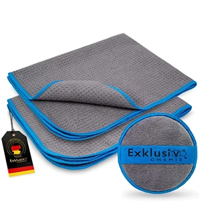 Afbeelding van Exklusiv Chemie® 2 x Q5 wafeldoek 320 g/m² + handpolijstspons streepvrije reiniging van de voorruit microvezeldoek glas absorberend en pluisvrij 50 40 cm