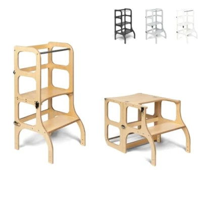 Afbeelding van Ette Tete Step &#039;n Sit Leertoren Naturel met zilveren clips Inklapbaar tot tafel en stoel Learning Tower Montessori inspired Keukentrap Keukenhulp Leerstoel Veilig Duurzaam