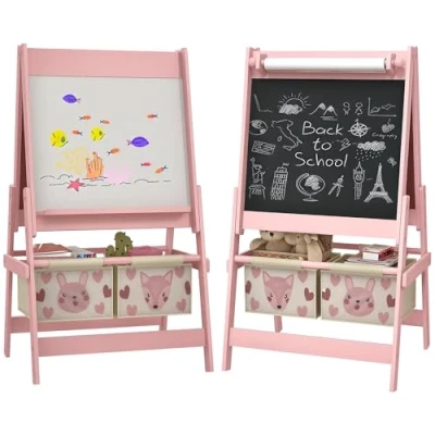 Afbeelding van AIYAPLAY Kinderschildersezelbord, dubbelzijdig, whiteboard, krijtbord, rol, papier, 2 manden, 54 x 46,5 93 cm, roze