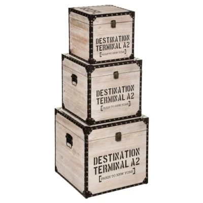 Afbeelding van Houten Scheepskisten/opbergkisten set Destination Terminal A2 3 stuks zware kwaliteit 38cm x
