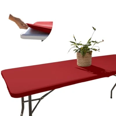 Afbeelding van Rechthoekig tafelkleed, voor buiten, rood, 182 x 76 cm, elastisch, tuintafel, vuilafstotend, gemakkelijk te reinigen, ideaal opvouwbare tafel, camping, terras, winddicht
