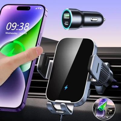 Afbeelding van SEYOU Telefoonhouder voor auto, inductie, 15 W [automatisch klemmen] draadloze autolader met QC 3.0, snellader, compatibel 14 Pro Max, Galaxy S23/S22 enz