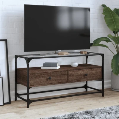 Afbeelding van Tv meubel met glazen blad 98x35x51 cm hout bruin eikenkleurig