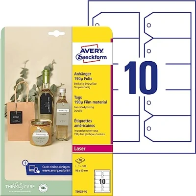 Afbeelding van Avery Zweckform T3002 10 Labels 90 x 50 mm Polyester Wit 100 stuk(s) Niet hechtend Laser (kleur), (zwart/wit)
