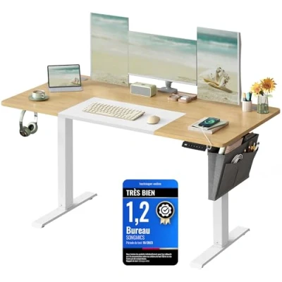 Afbeelding van SONGMICS In hoogte verstelbaar elektrisch bureau, 60 x 140 (72 120) cm, traploos verstelbaar, gelijmd blad, geheugenfunctie met 4 hoogtes, basis pastelgeel wit LSD016N01