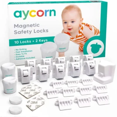Afbeelding van AYCORN Magnetisch Kinderslot Kastjes Baby Peuter Magneet Beveiliging voor Kast, Deur en Lade 10 Sloten 2 Sleutels Incl Instructievideo Nieuwste Ontwerp om Kinderen Peuters te Beschermen Geen Boor of Schroeven