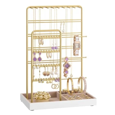 Afbeelding van SONGMICS Sieradenstandaard, Sieraden Organizer, Display Accessoires, metaal, Fluwelen Dienblad, voor Kettingen, Armbanden, Oorbellen, Ringen, MDF, fluweel