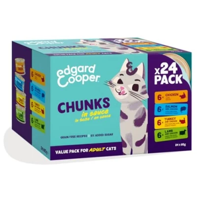 Afbeelding van Edgard &amp; Cooper Adult Chunks Kattenvoer Nat Kip Zalm Kalkoen Lam 24 x 85 gr