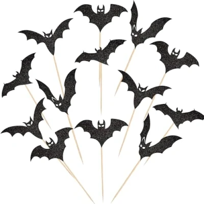 Afbeelding van 24 stuks Halloween vleermuis cupcake toppers met glitter voor Halloween, babyshower, kinderverjaardagsfeest, tandenstoker