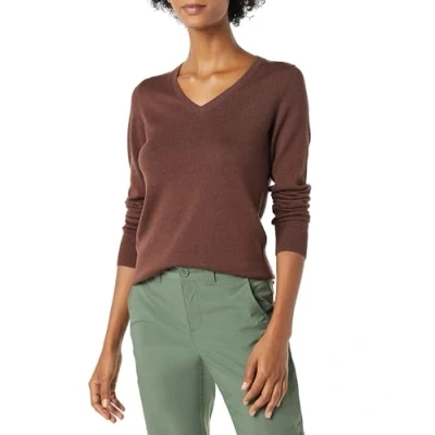 Image de Amazon Essentials Chandail léger à manches longues et col en V pour femme (disponible grande taille), marron foncé chiné, taille XL