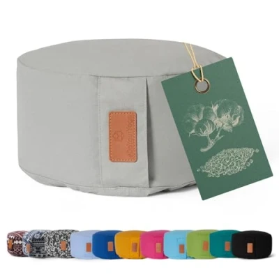 Afbeelding van #DoYourYoga Yoga kussen »Vishnu« rond meditatiekussen met bio organische boekweit schalen vulling H:15cm, diam.30cm muis grijs