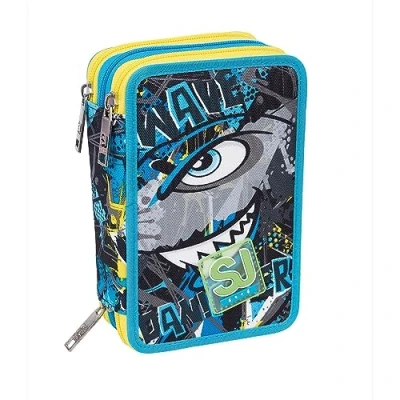 Afbeelding van SJ GANG, Schooletui met 3 ritssluiting, Sharken, meerkleurig, uitgerust potloden, markers enz., Blauw, Taglia Unica, school, school