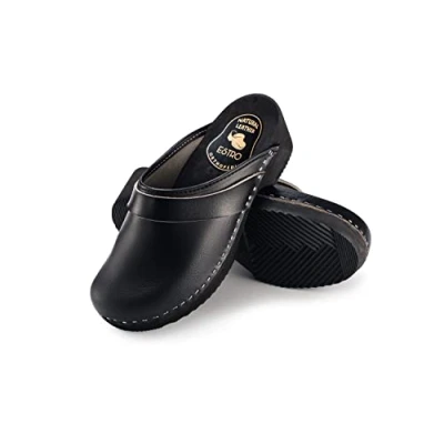 Afbeelding van ESTRO Klompen Dames Leer Ziekenhuis Slippers Orthopedische CDL07, zwart.