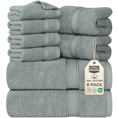 Afbeelding van Utopia Towels 8 delige badhanddoekenset; 2 badhanddoeken, handdoeken en 4 washandjes katoen hotelkwaliteit, super zacht zeer absorberend, koel grijs