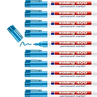 Afbeelding van edding 400 permanente markeerstiften, lichtblauw, 10 stiften, 1 mm ronde punt, sneldrogend, water en slijtvast, voor karton, kunststof, hout, metaal glas