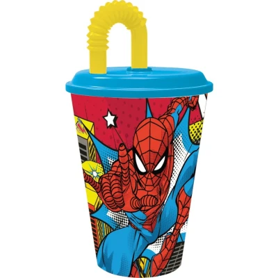 Afbeelding van Marvel Blauw en geel kinderglas van kunststof, Spiderman, 430 ml, met rietje flexibel deksel