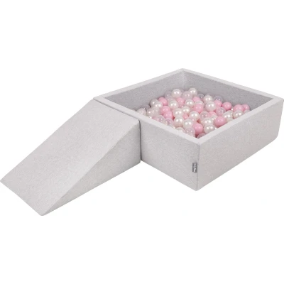 Afbeelding van KiddyMoon schuimspeelplaats met rond ballenbad (100 ballen) ballenbakken voor baby&#039;s speelbad hindernisbanen, made in the eu, lichtgrijs:poederroze/parelmoer/transparant