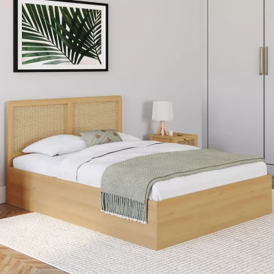 Afbeelding van EDHEN tweepersoons kistbed met rieten hoofdbord 140 x 190 cm houtkleur