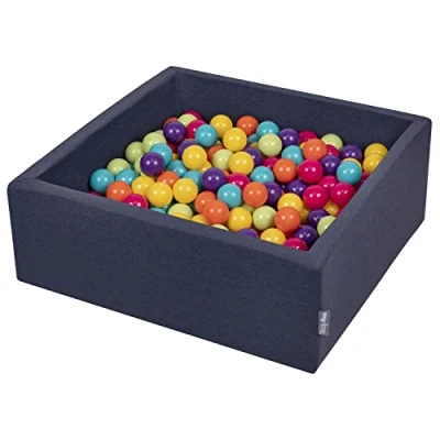 Afbeelding van KiddyMoon ballenbad 90x30cm/200 ballen ∅ 7cm met kleurrijke voor baby&#039;s kinderen vierkant, donkerblauw:h.groen/geel/turquoise/oranje/d.roze/violet