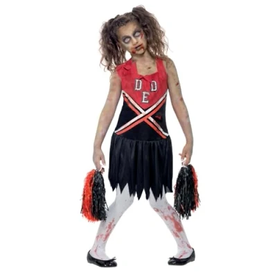 Afbeelding van Smiffys Zombie cheerleaderkostuum, rood en zwart, met jurk bloed bevlekte poms, kostuum, kinderen, pompon, meisjes, 43023M, rood/zwart, 7 9 jaar