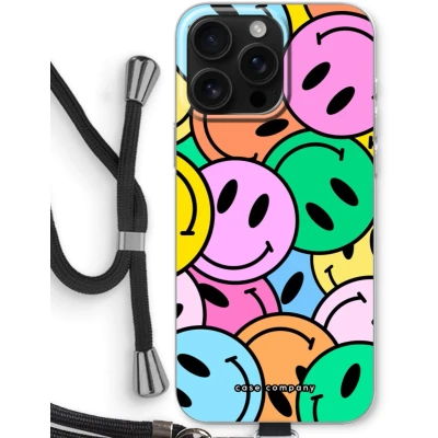 Afbeelding van Case Company® hoesje met Koord geschikt voor iPhone 16 Pro Max Smiley N1 Telefoonhoesje Zwart Bescherming aan alle Kanten en Over de Schermrand