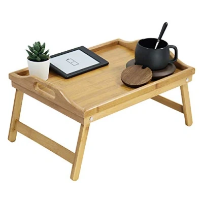 Afbeelding van KKTONER Bamboe beddienblad met inklapbare poten, draagbaar dienblad voor laptop, snackdienblad, ontbijtbord, bedtafel, tekentafel (40)