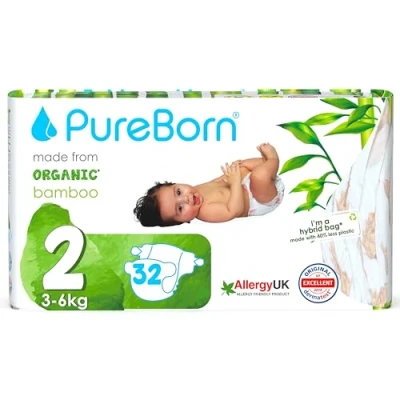 Afbeelding van PureBorn Milieuvriendelijke bamboe luiers, maat 2 (3 6 kg), 32 stuks, hypoallergeen, ultrazacht, verschillende print, vochtindicator