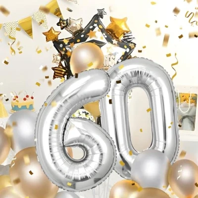 Afbeelding van Maclunar Decoratieve cijferballon Zilveren folieballon voor de 60e verjaardag Verjaardagsdecoratie mannen en vrouwen Vliegt met helium Verjaardagsfeest 101 cm