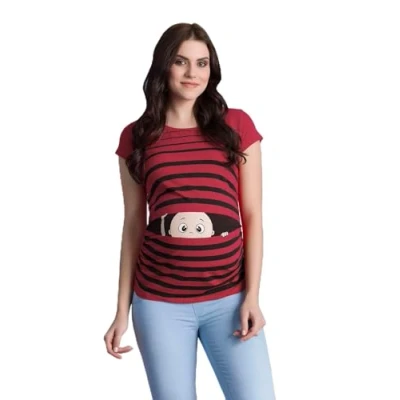 Afbeelding van M.M.C. Schattige en grappige zwangerschapsmode met babymotieven voor dames, korte mouwen, Bordeaux rood