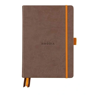 Afbeelding van RHODIA 118572C notitieboek, hardcover, bullet journal, goalbook, chocolade, A5, gestippeld, 240 pagina&#039;s, licht papier, wit, 90 g, 3 banden, elastiek, omslag van kunstleer