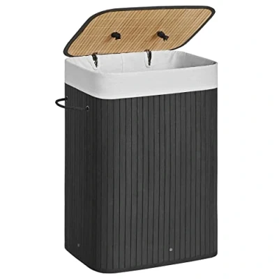 Afbeelding van SONGMICS Bamboe wasmand, opvouwbare wasbak met deksel en uitneembare katoenen waszak, 72 L wasbox, waskist, 40 x 30 60 cm, zwart LCB10B