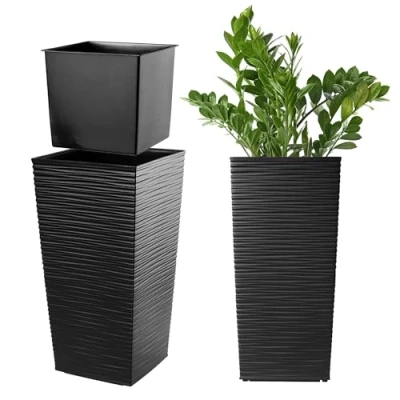 Afbeelding van KADAX bloempot, plantenpot, met kunststof binnenpot, voor binnen en buiten, tuin, balkon, terras, huis, weerbestendig, imitatie rotan, 46,5 cm hoog, zwart
