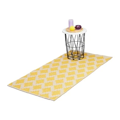 Afbeelding van Relaxdays vloerkleed katoen tapijt 70 x 140 cm karpet antislip ruitjes geel