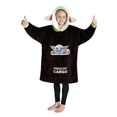 Afbeelding van Disney The Mandalorian Kinderhoodie oversized plaid van fleece Baby Yoda, zwart/groen, één maat, Zwart/Groen
