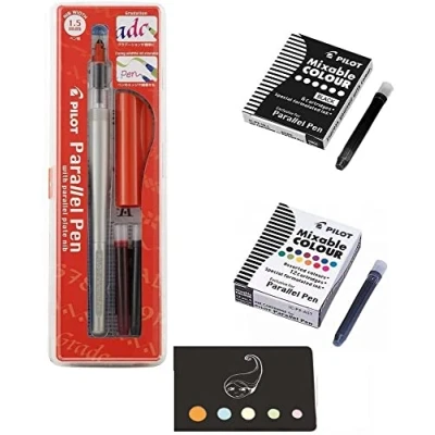 Afbeelding van Set Pilot Parallelle Pen 1,5 mm + 1 doos met 12 inktpatronen in verschillende kleuren 6 zwarte patronen liniaal bladwijzer van hout Blumie